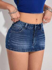 Minifalda vaquera sexy para mujer, de verano - Azul lavado oscuro - Ver 4
