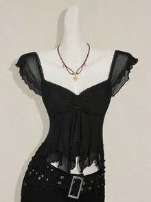Top sin mangas con volantes, escote con pliegues, ajuste ceñido, parches de malla sexy, espalda con lazo, top casual de vacaciones - Negro 2 - Ver 5