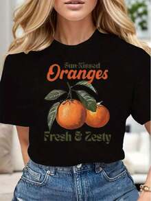 Women's Casual T-Shirt With Graphic Print Of Sun-Broken Oranges And Fresh Citrus Fruit, Soft And Comfortable, Gift For Summer Holidays, Birthdays - Vintage Urban Style, Unisex, Cotton, Short Sleeve, Round Neck. - 黑色 - 查看 5