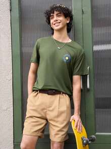 Men's Short-Sleeved T-Shirt With A Crew Neck And Graphic Print, From Open Phase. Casual And Versatile Style For Everyday Wear, Slim Fit, American Retro Style, Unisex, Relaxed Fit, Ideal For Summer And Summer Vacation Outfits. - Lightweight. - 軍綠色 - 查看 12