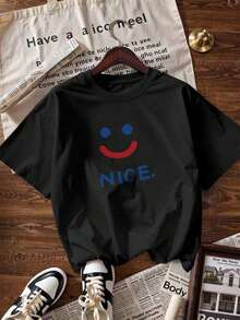 Minimalist Beige Red Smile T-Shirt, Round Neck, Short Sleeve, Casual Style, Suitable For Women In Spring And Summer, White Color, Women's T-Shirts, Tops - Black - View 2