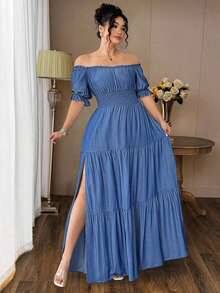 Vestido casual elegante de talla grande para mujer de primavera/verano, en azul sólido de aspecto de mezclilla con cintura fruncida y con abertura lateral - Azul 3 - Ver 5