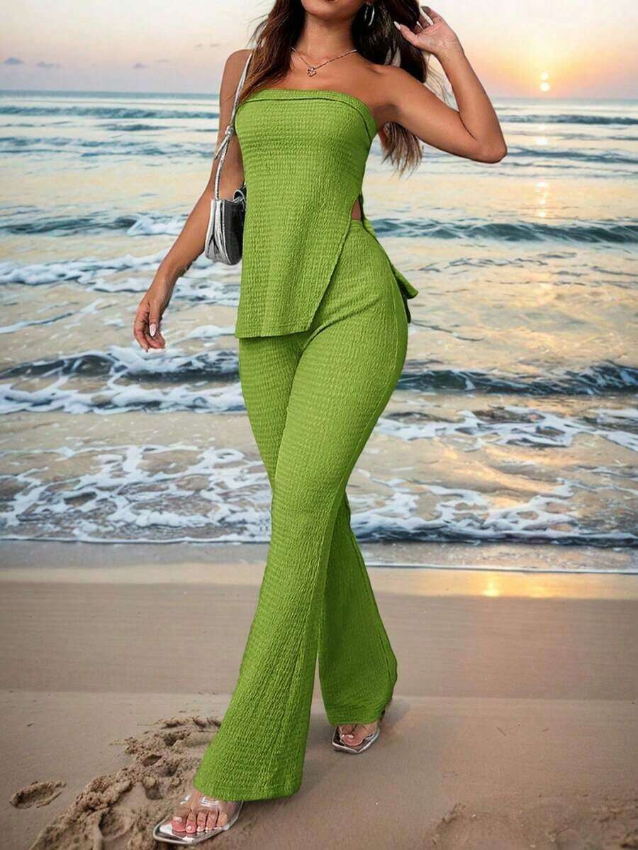 Conjunto de top de camisola corto y pantalones acampanados de tela texturizada de unicolor casual de vacaciones para mujer, verano - Verde - Ver 1