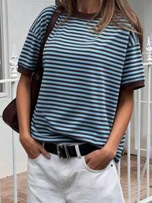 casual de mujer  de cuello redondo holgado, camiseta de manga corta a rayas con parches minimalista de color contrastante, adecuada para uso diario, ir al trabajo y verano en casa, color rosa - Rayas azules y marrones - Ver 7