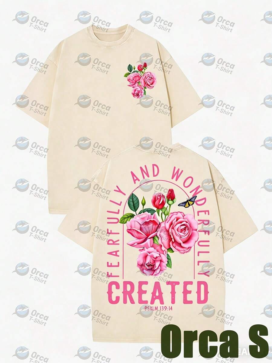 Women's T-Shirt [Stunning Vintage-Style Loose-Fitting T-Shirt With A Pink Rose Print, Short-Sleeve Design, 8.11 Oz Pure Cotton Fabric, Loose Fit. Suitable For Everyday Wear Or As A Gift For Friends. Inspired By Psalm 139:14, Exquisitely Designed. 100% Pure Cotton] Casual - 杏色 - 查看 1