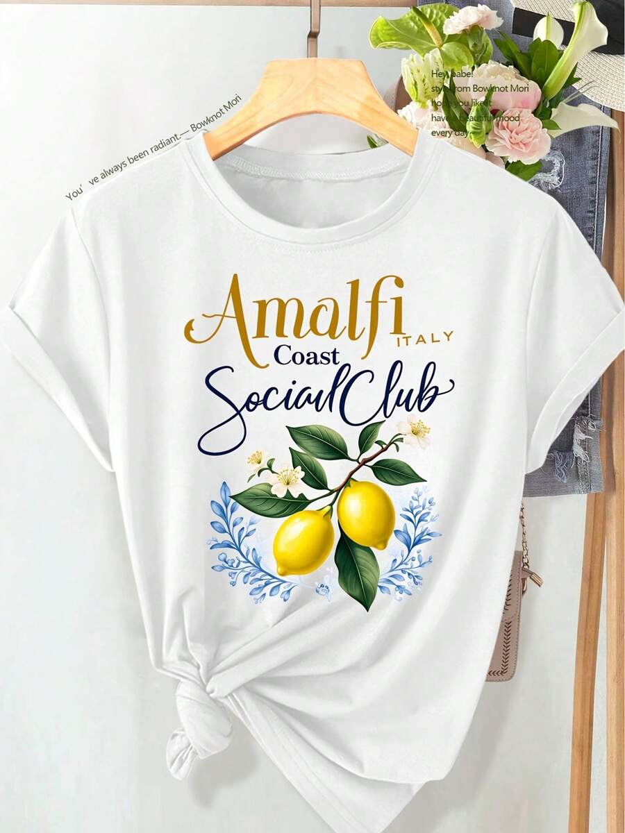 New Summer Collection: Fashionable Women's T-Shirt In European And American Style With Vintage Amalfi Lemon Letter Print, Everyday Casual Fashion In Vintage Style. Spring/Summer Casual Sporty Style. Women's Plus Size Top, Comfortable And Soft Summer Tops - White - View 1