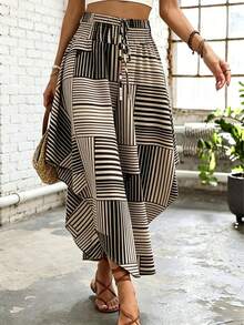 Striped Contrast Color Waist Band Women's Skirt - Multicolor - View 1