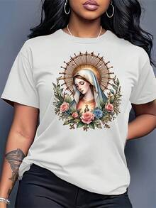 Women's T-Shirt Made Of Pure Cotton, With A Relaxed, Casual Style, Featuring A Floral Print Of The Virgin Mary, A Round Neck, And Machine Washable. It's Comfortable, Soft, And Breathable, Making It Suitable For Spring, Summer, And Autumn. Loose-Fitting, Casual, Modern, And Elegant, It's Ideal For Everyday Wear, Work, And Casual Occasions. It's Also Suitable For Gatherings With Friends, Parties, And Events, And Makes A Great Gift For Friends. - 白色 - 查看 1