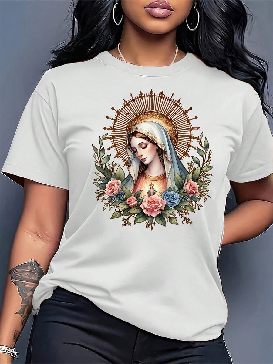 Women's T-Shirt Made Of Pure Cotton, With A Relaxed, Casual Style, Featuring A Floral Print Of The Virgin Mary, A Round Neck, And Machine Washable. It's Comfortable, Soft, And Breathable, Making It Suitable For Spring, Summer, And Autumn. Loose-Fitting, Casual, Modern, And Elegant, It's Ideal For Everyday Wear, Work, And Casual Occasions. It's Also Suitable For Gatherings With Friends, Parties, And Events, And Makes A Great Gift For Friends. - 白色 - 查看 1