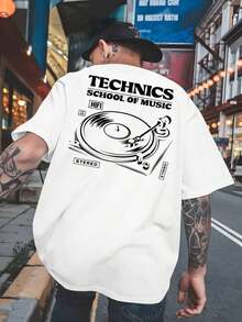 Men's Summer T-Shirts, Retro 80s Graphic Design - Vintage DJ Turntable And Vinyl Record Design With Technics School Of Music Lettering - Breathable Polyester Blend, Casual Short-Sleeved Shirt, Oversized Fit, Musical T-Shirt, Men's Plus Size T-Shirts, Men's Oversized T-Shirts, Spring Outfit, Cotton T-Shirt, Men's T-Shirt, Cotton T-Shirt, Men's Retro Street Print. - trắng - Xem 4