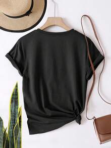 Women's Modern, Casual T-Shirt, Perfect For Parties And Lounging At Home. 100% Cotton, Loose Fit. Short-Sleeved Round-Neck T-Shirt With A Hand Gesture Print. 100% Cotton - 黑色 - 查看 2