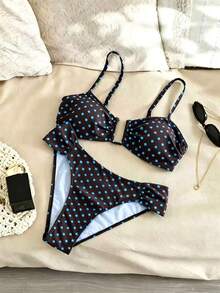 Conjunto de traje de baño elegante y grácil para mujer, diseño de patchwork de lunares en blanco y negro, busto con aro en forma de U, tirantes ajustables y cierre trasero sin espalda, shorts con fruncido lateral, adecuado para playa o vacaciones en primavera/verano - Azul - Ver 2