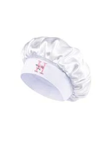 1件裝花卉字母緞面睡眠帽，客製化全包覆式女用髮帽，適用日常護髮、化妝與護膚，寬鬆彈性帶頭巾髮帶，旅行風格 - 白色 - 查看 5