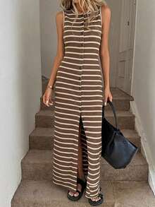 Vestido ajustado a rayas blancas y negras con abertura frontal, informal, para negocios y resorts, lindo vestido de verano, adecuado para las temporadas de primavera, verano, otoño e invierno, ropa informal de negocios para la vuelta al cole, atuendos para salir, ropa para la vuelta al cole, atuendos para maestras, vestido color crema, vestido elegante de playa largo para mujer. - Azul - Ver 10