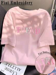 Camiseta ajustada de casual de manga corta y cuello redondo con bordado de letras para mujer de verano - Rosa - Ver 3