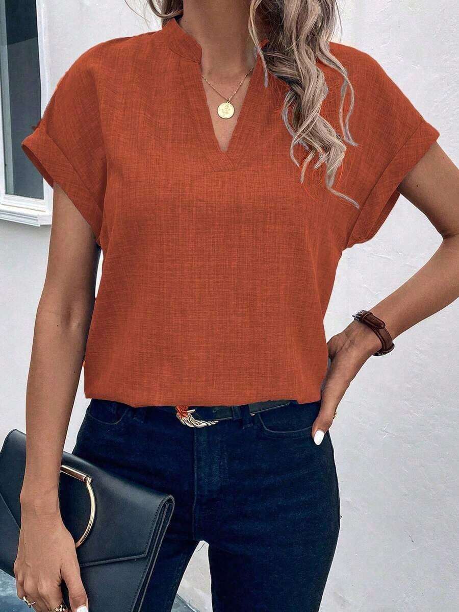 Camisa casual de mujer de manga corta con cuello entallado de unicolor, para verano - Naranja - Ver 1