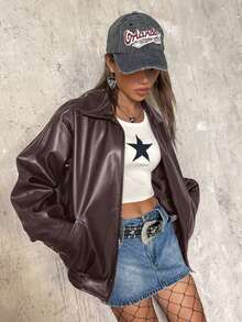ICON Chaqueta negra de PU con cremallera y hombros caídos para otoño/invierno - Marrón - Ver 4