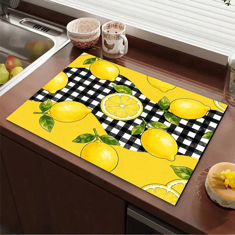 1件装格子柠檬印花吸水垫/晾干垫,适用于咖啡机、餐具 - 吸水性强的聚酯纤维桌面保护垫,带橡胶防滑垫,可用于厨房台面装饰、家庭酒吧和餐桌。 - 彩色 - 查看 1
