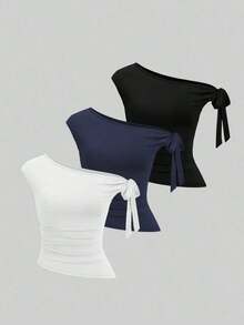 Set de 3 camisetas casuales de mujer en unicolor con hombros oblicuos y cómodas - Multicolor - Ver 10