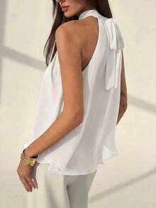 Camiseta sin mangas de gasa con cuello halter, fruncida y con línea A, de estilo bohemio minimalista y sexy, color morado berenjena, para primavera/verano - Blanco - Ver 2