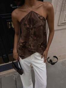 Blusa de mujer elegante con cuello de halter, estampado de tinte anudado y gasa para vacaciones en la playa - Marrón 2 - Ver 5