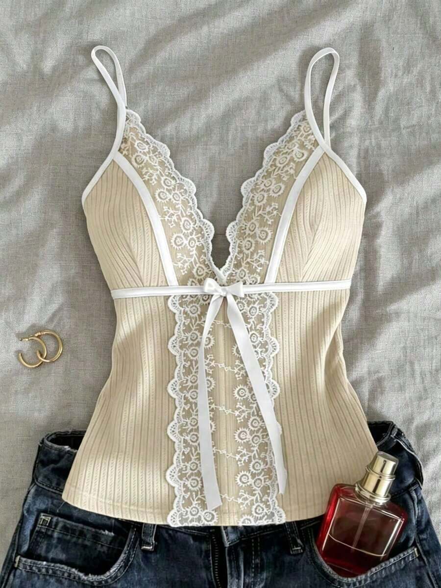 Camiseta sin mangas de uso diario versátil y casual con parches de encaje y decoración de lazo para mujer - Albaricoque - Ver 1