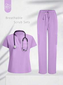 Conjunto de uniforme azul marino para mujer, hecho de tela de alta calidad y transpirable, adecuado para deportes, enfermería y trabajo, con bolsillos, perneras acampanadas, conjunto de uniforme de moda, adecuado para clínicas dentales, conjunto de unifor - Morado - Ver 1