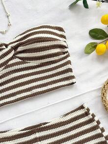 2 piezas con top tubo de rayas rojas y blancas con detalle retorcido y pantalones cortos casuales, adecuado para citas, fiestas y vacaciones en la playa - Marrón - Ver 6
