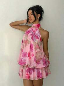 Vestido mini elegante de mujer con estampado de lunares y escote halter sin espalda - Rosa - Ver 7