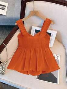 Blusa de estilo vintage para vacaciones con estampado de lunares, fruncida y con nudo delantero, para verano - Naranja Quemada - Ver 2