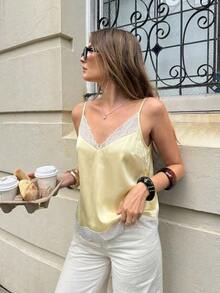Camiseta de tirantes de mujer de unicolor con encaje de contraste - Amarillo claro - Ver 8