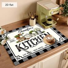 1pc Dish Drying Mat, Coffee Machine Pad, Black & White Checkered Border With Vintage Hand-Painted Floral Pattern, Suitable For Dining Table Absorbent Use, Multi-Purpose Drainage Mat, Home Gift, Tabletop Decor - XYLSD-320 - View 4