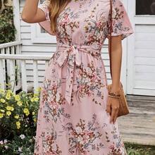 Women's Floral Print Ruffle Sleeve Waist Dress - Azul - Ver 2
