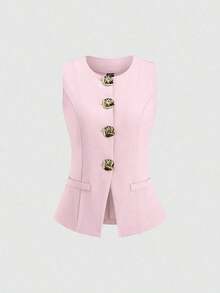Tall Top sin mangas con botones metálicos básicos de estilo minimalista francés para mujeres altas - Rosa - Ver 1
