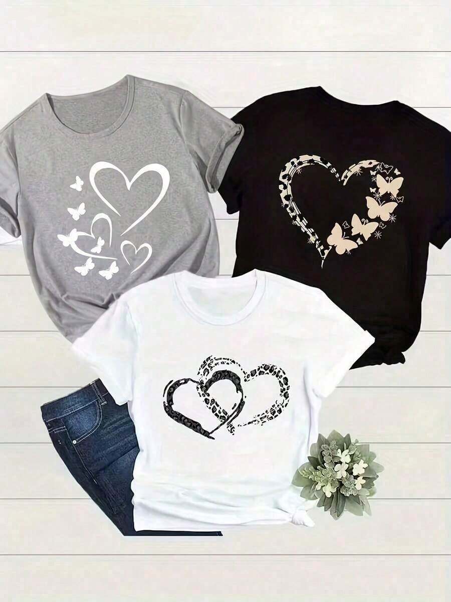 Sold Separately, Not A Three-Piece Set. Women's Vintage American-Style Printed T-Shirt, Soft And Comfortable, Available In Various Styles. Three Designs To Choose From. Made From 100% Pure Cotton, It's Ideal For Working Out, Everyday Wear, Vacations, School, The Office, And Parties. - 黑色 - 查看 1