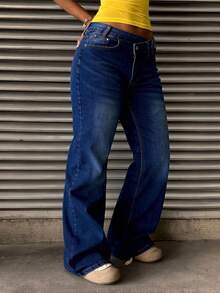 Pantalones rectos de mezclilla azul marino lavados con cintura asimétrica, cintura media, holgados y con caída elegante - Azul - Ver 3