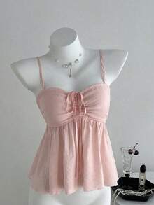 Camiseta de tirantes con volantes de unicolor lindo para damas, ropa de verano para la universidad - Rosa - Ver 4