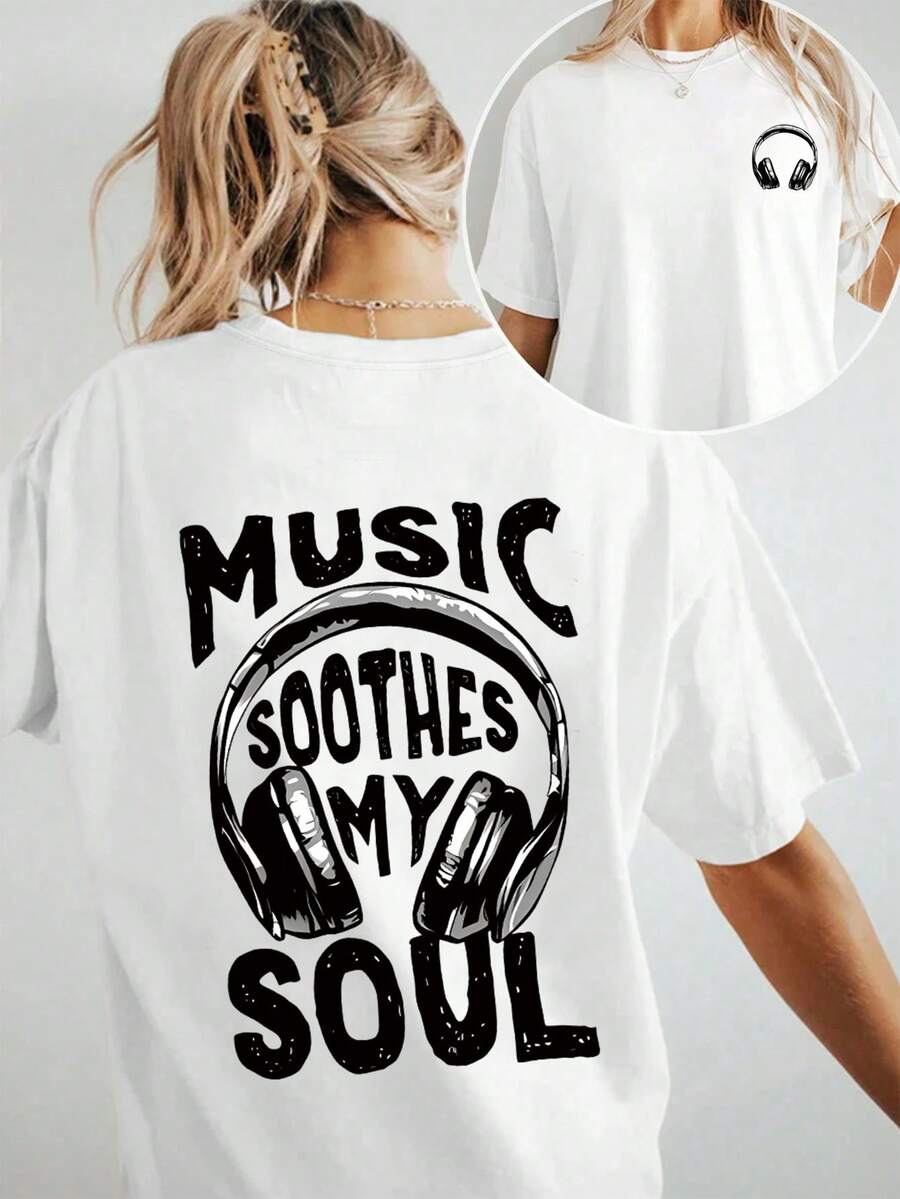 Women's Oversized Music-Themed T-Shirt With The Slogan "Music Calms My Soul" And A Headphone/Musical Note Print - Casual Short-Sleeve Crew Neck T-Shirt In Black And White For Music Lovers, For Concerts, DJ Events, Casual Wear, Y2k Style. - 白色 - 查看 1