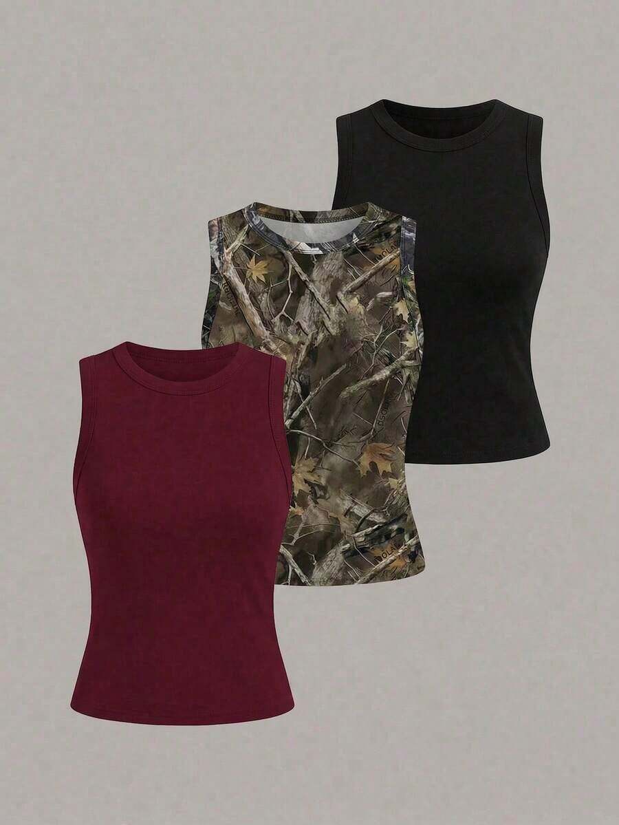 Camiseta de tirantes casual y versátil con cuello redondo y rayas para mujer - Multicolor 19 - Ver 1