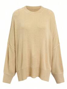 Women's Ribbed Knit Sweater With Long Sleeves And Crew Neck - Winter - Apricot - View 7