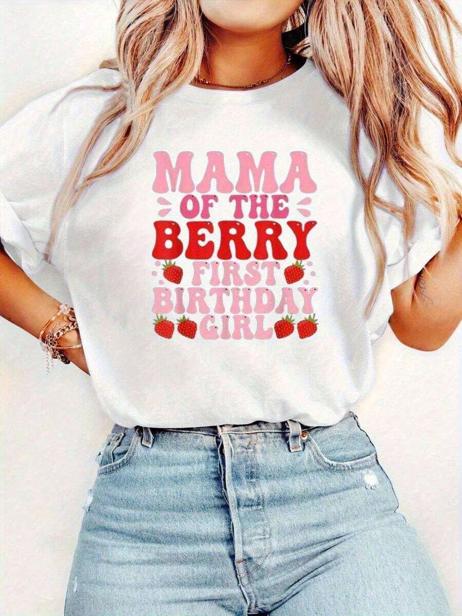 Conjunto para el Día de la Madre, Camiseta Estampada para el Día de la Madre, Estampado Gráfico "El Primer Cumpleaños de Mamá", Manga Corta, Cuello Redondo, Top Casual para Primavera, Ropa de Mujer, 100% Algodón, Tops de Mujer - Blanco - Ver 1