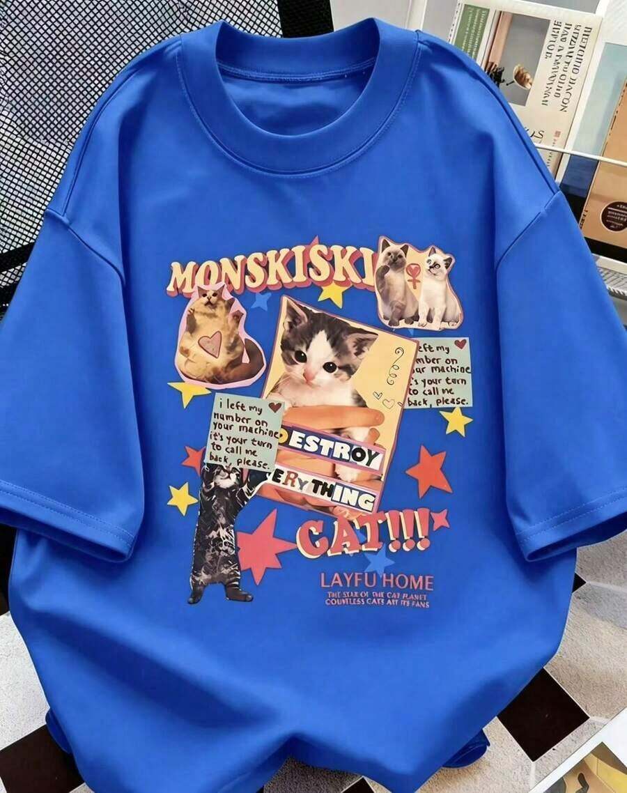 Y2K Retro Cat Poster Print Casual T-Shirt, Women's Short Sleeve Crew Neck Tee. A Must-Have For Cat Lovers - Unisex Loose Fit Cotton Short Sleeve Crew Neck T-Shirt - Vintage Street Style - 藍色的 - 查看 1