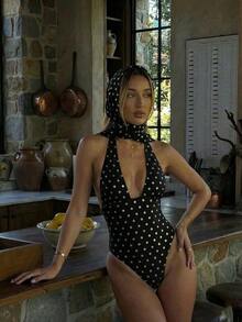 Traje de baño de dos piezas con estampado de lunares, escote asimétrico y espalda descubierta, atuendo de vacaciones en la playa para el verano - Negro - Ver 10