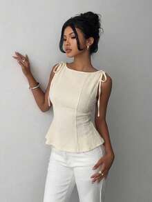 1 pieza Blusa de punto con volantes en el bajo, Uso casual de verano en color rosa - Albaricoque - Ver 5