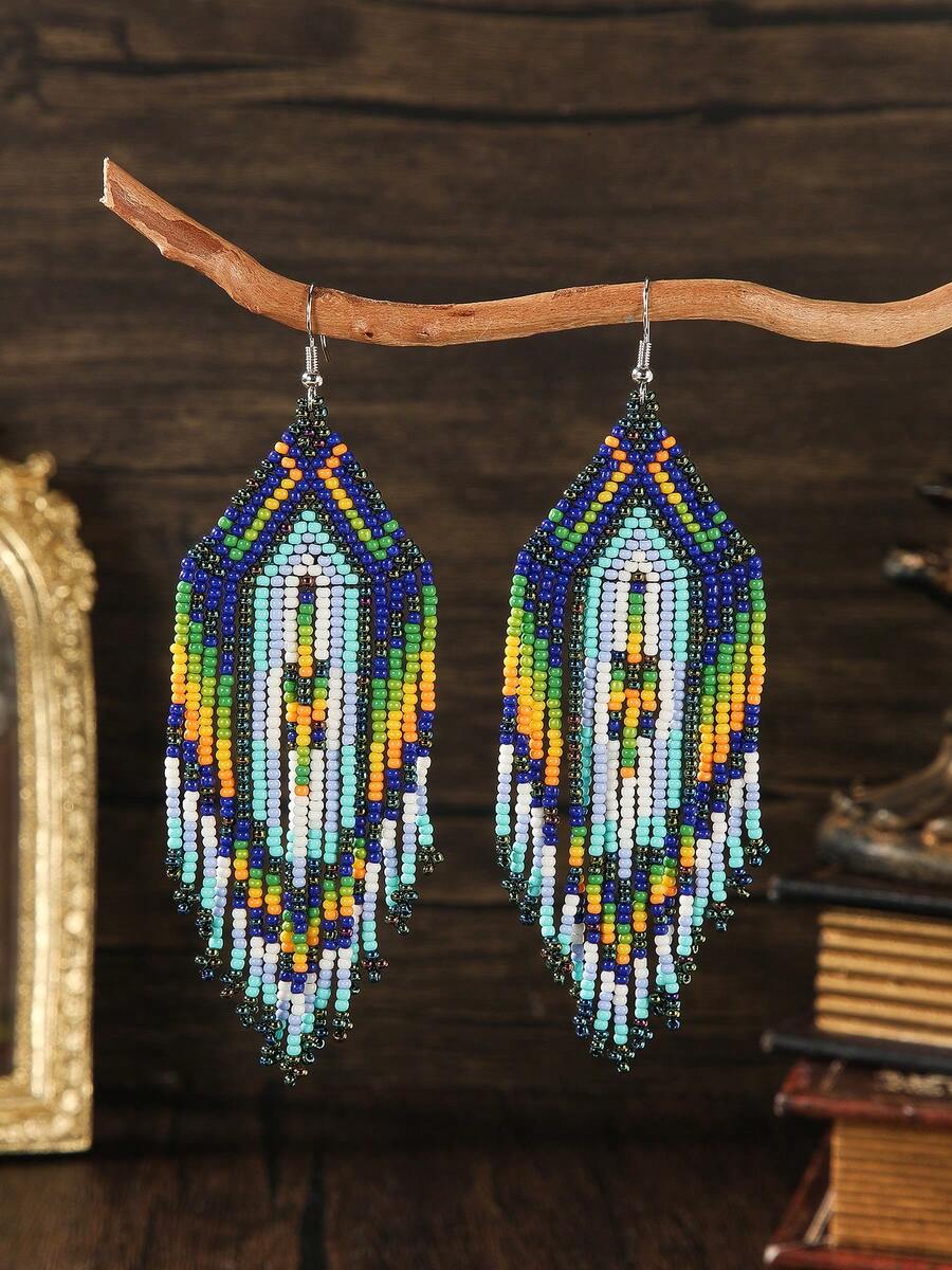 SOUL BEADING أقراط مصنوعة يدويًا بخيوط بوهيمية ثقيلة الصناعة مزينة بخرز الأرز، ذات تباين لوني تدرجي وشرابات طويلة، تناسب أجواء الأعياد والمهرجانات الموسيقية - متعدد الألوان - مشاهدة 1