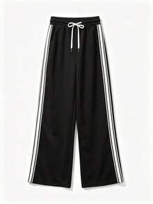 Pantalones largos con cordón y rayas laterales para mujer - Negro - Ver 4