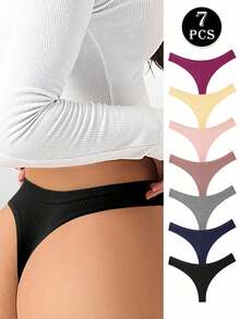 7 Pack Colorful Ribbed Low Waist Sexy Thongs ,Ropa Interior De Mujer,Cotton Comfortable Women's Fashion Underwear ,Hilos De Mujer,Summer Seamless Women's Thong Shorts - 彩色 - 查看 1