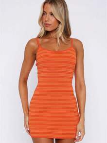 Stripe Knit Dress for Women Spaghetti Strap Mini Dresses Sleeveless Bodycon Dress for Beach Vacation - Naranja - Ver 1