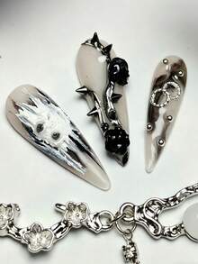 10 Piece Handmade Slim High-Heeled Press On Nails, Gothic Punk Style, 3D Black Roses, Metallic Silver Studs And Spike, Flowers And Smoky Gradient Effects, Black&Silver&Nude, Nail Art Supplies With Tool Kit, Suitable For Daily Wear/Parties, Great Gift For Women - bạc trắng - Xem 7