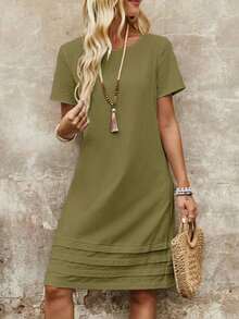 Vestido casual recto de unicolor, cuello redondo, manga corta para mujer, de verano - Verde - Ver 5
